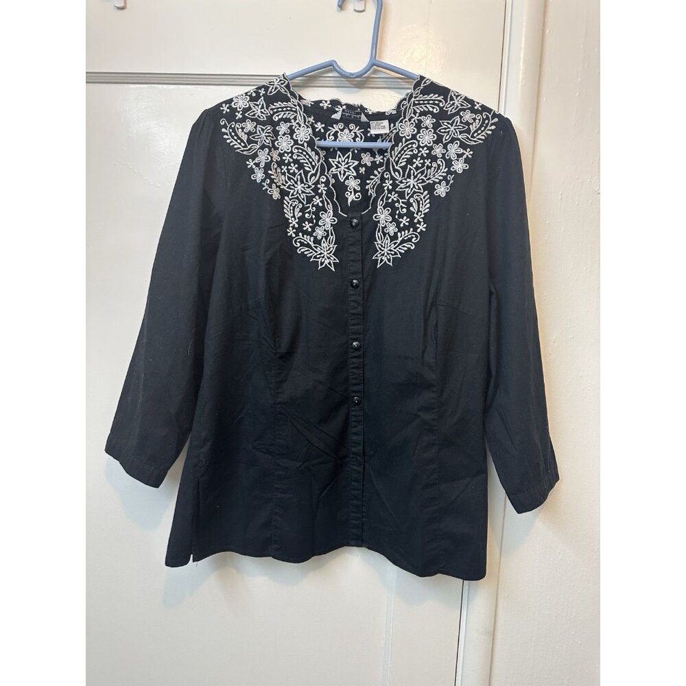VTG Alexandra Bartlett Embroidered Blouse Women 1X Black White Button Front Plus